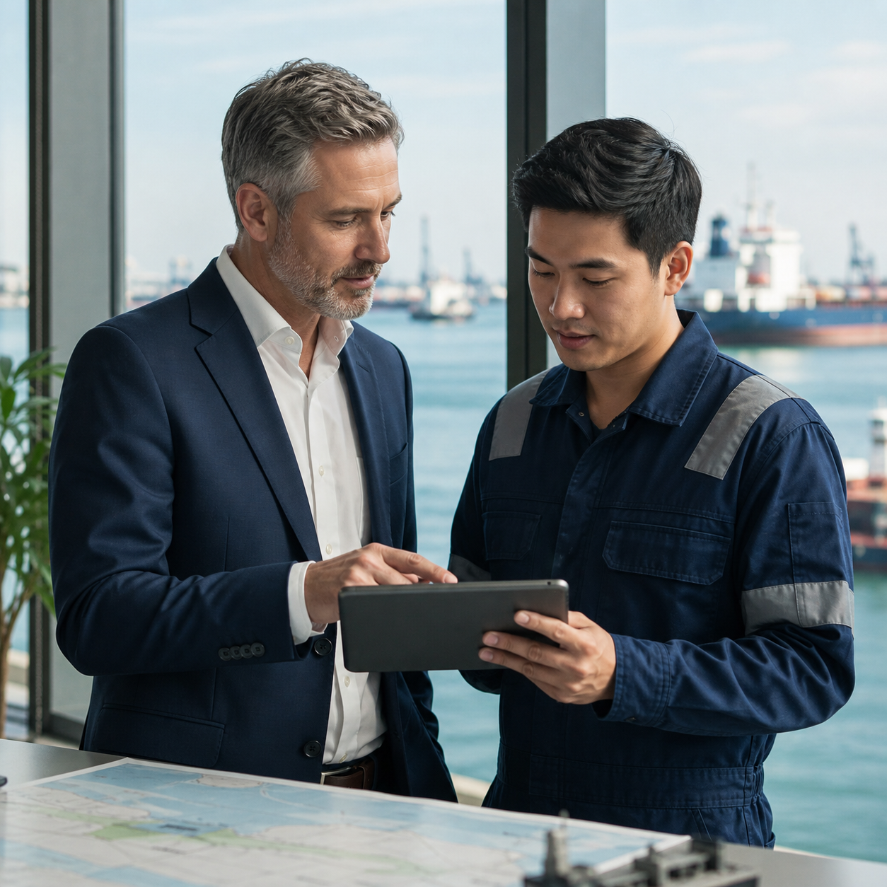 Maritime client and crew manager reviewing operations